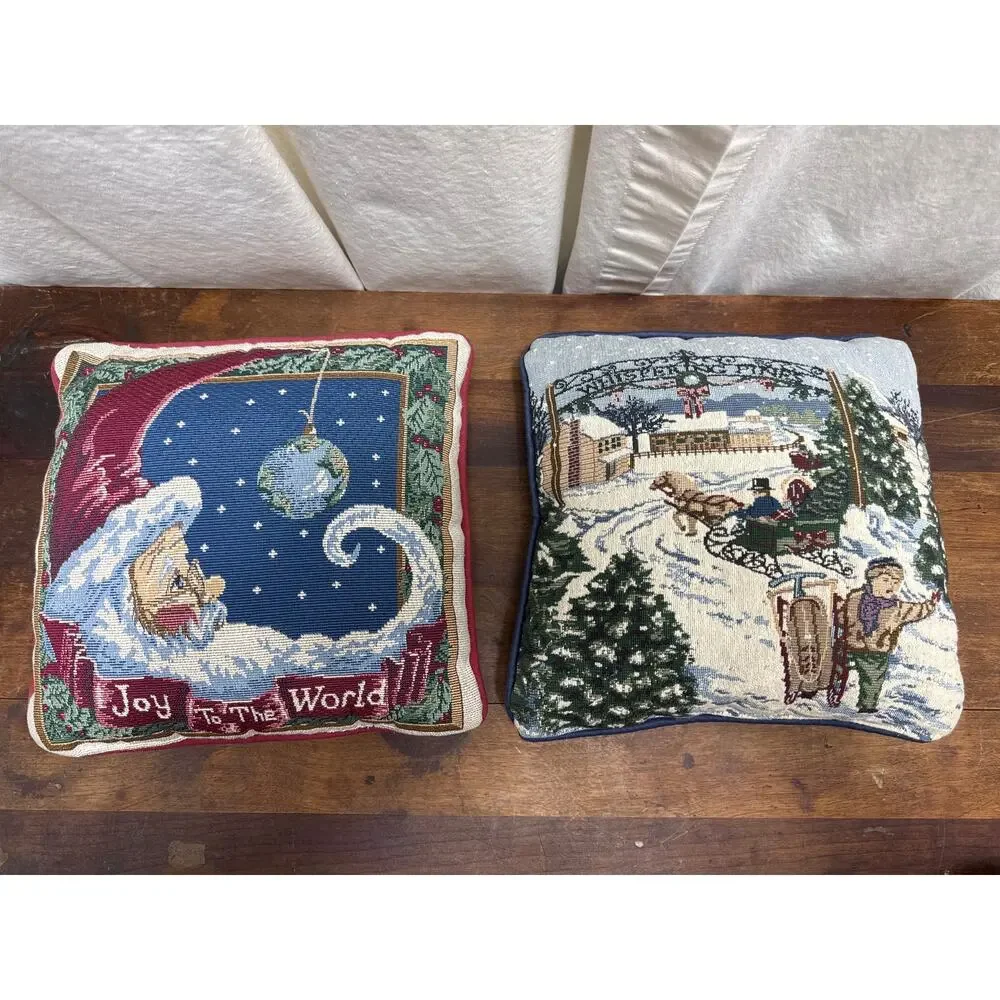 Needlepoint Throw Pillows Christmas Holiday Winter Scene 12 x 12